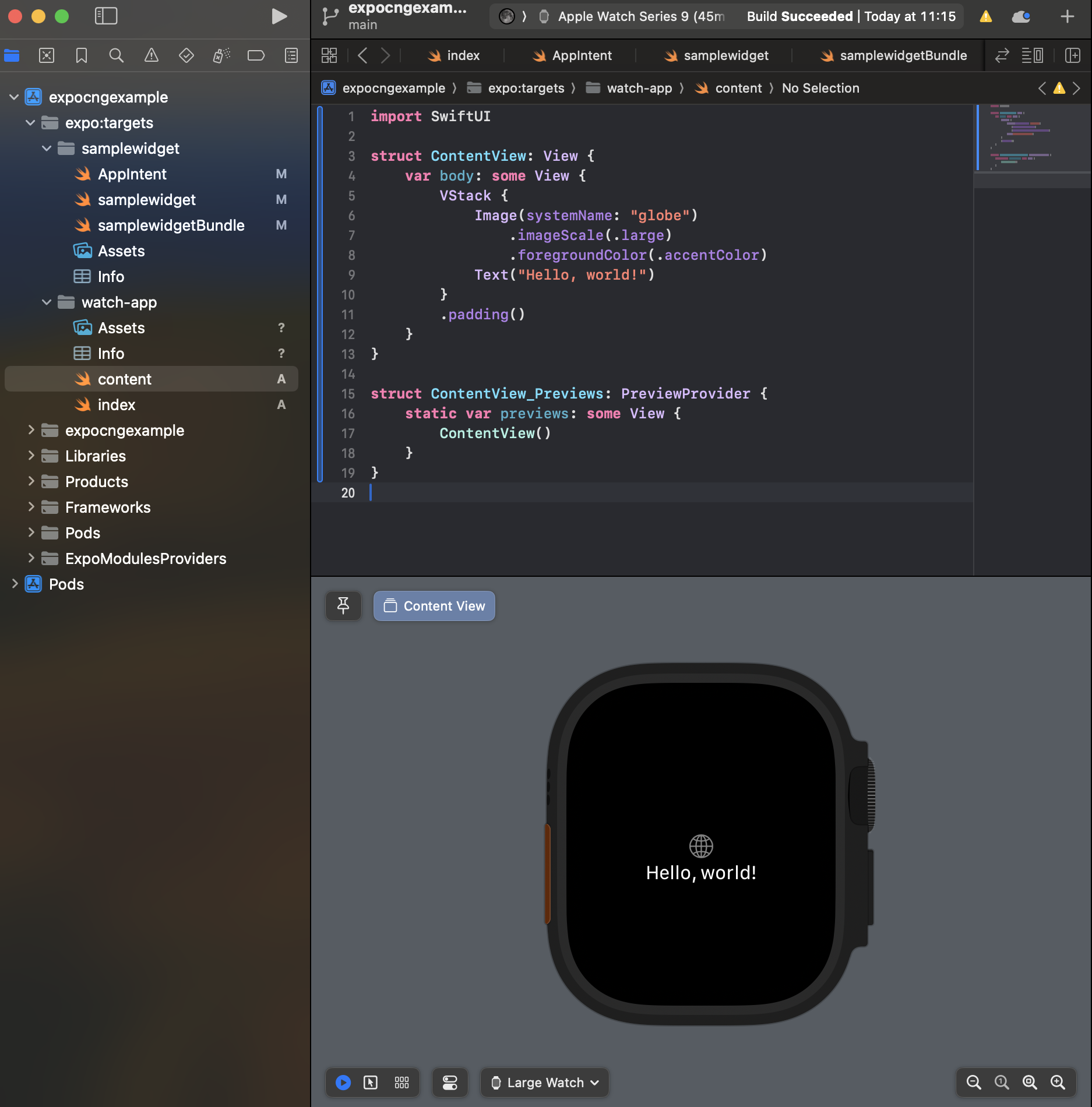 Xcode上でApple watchアプリがプレビューできた画像