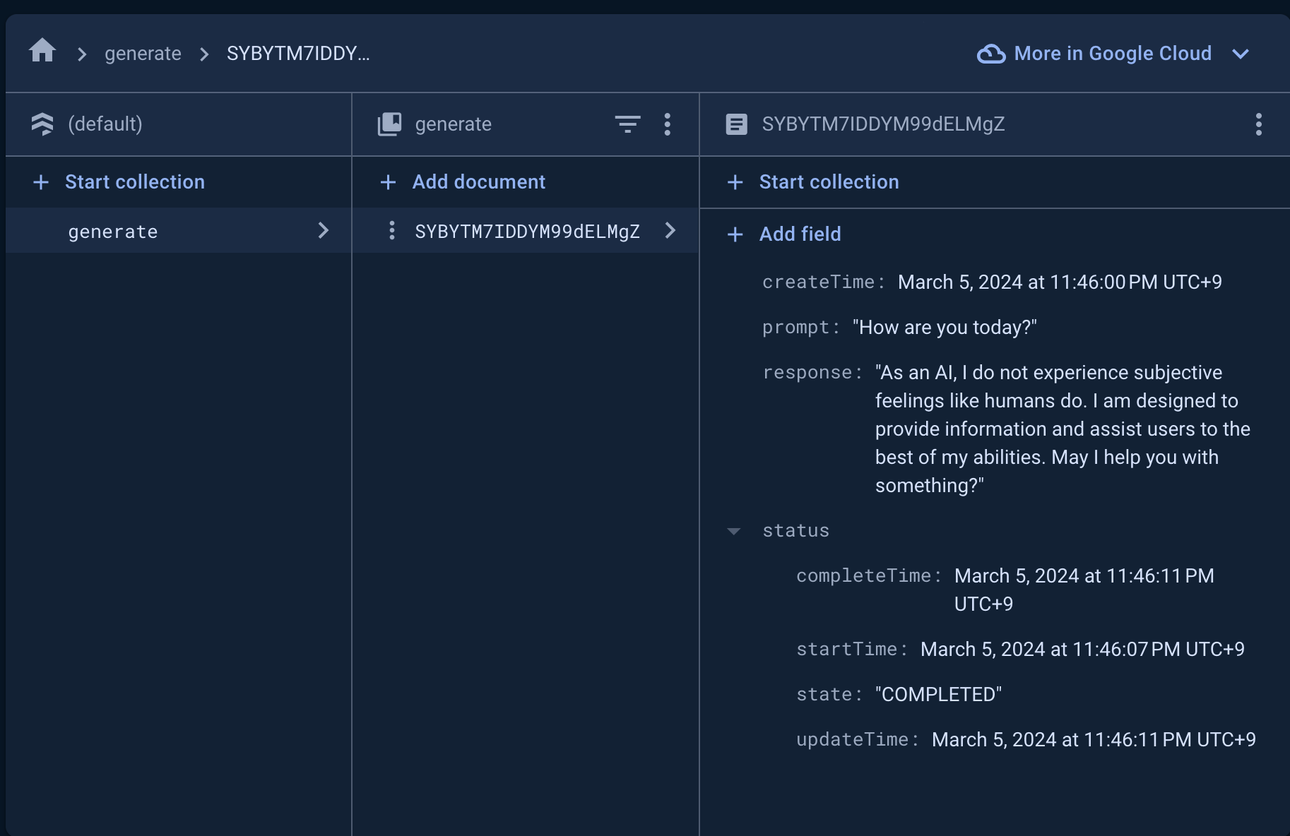 AI response sample in firestore database